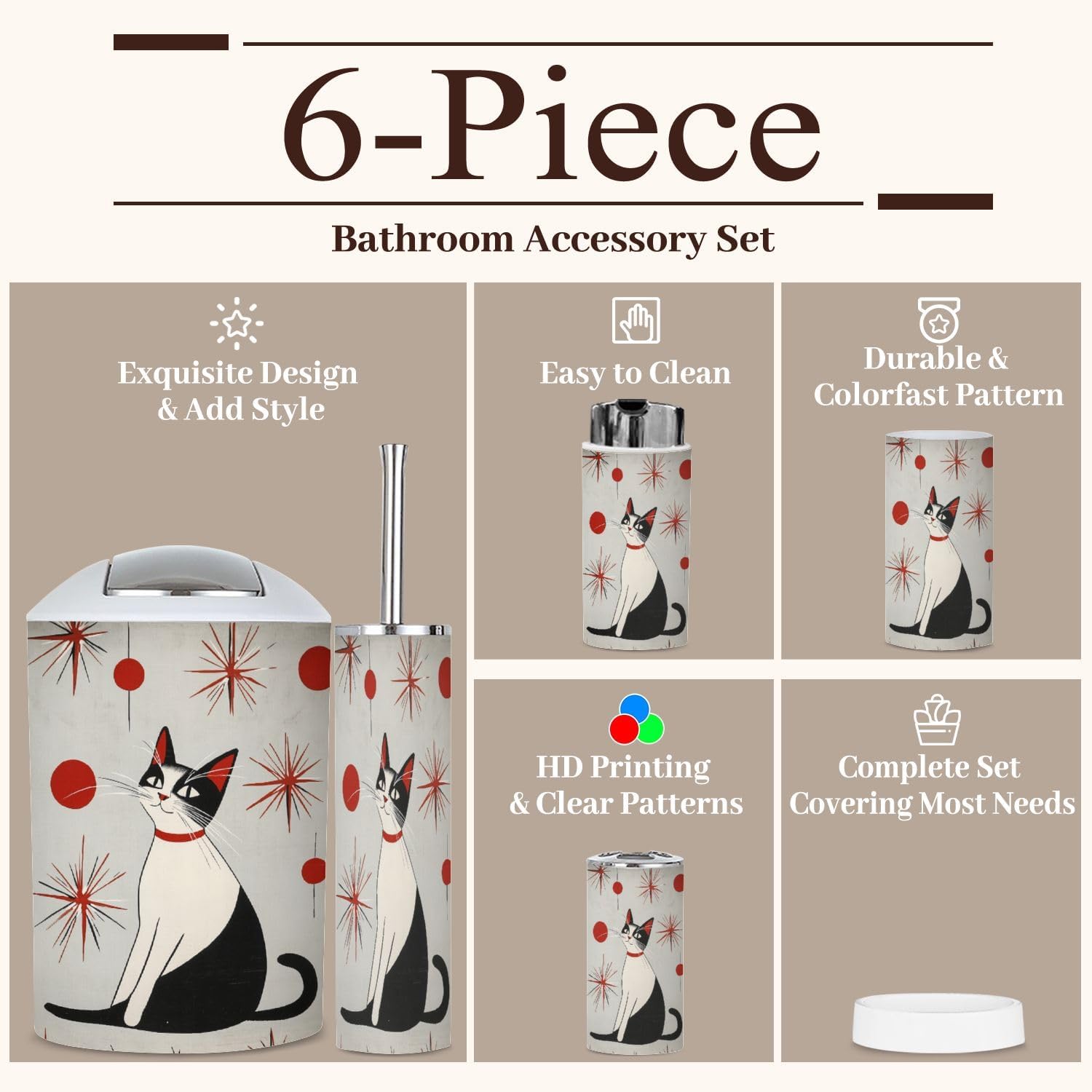 6 Piece Bathroom Accessories Set with Cats Print 1