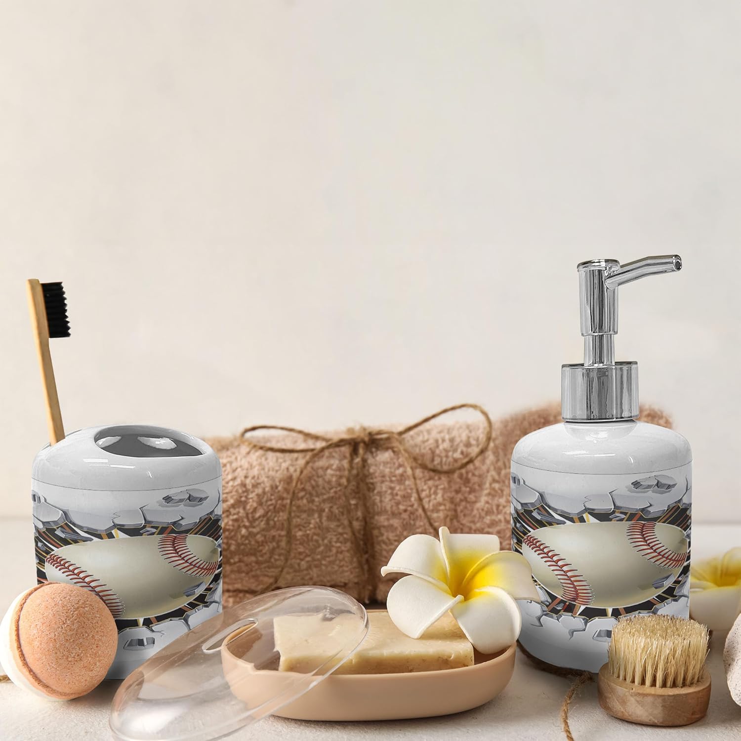 Ambesonne 2Pc Ceramic Soap Dispenser Toothbrush Holder Set Ivory Pale Grey Orange
