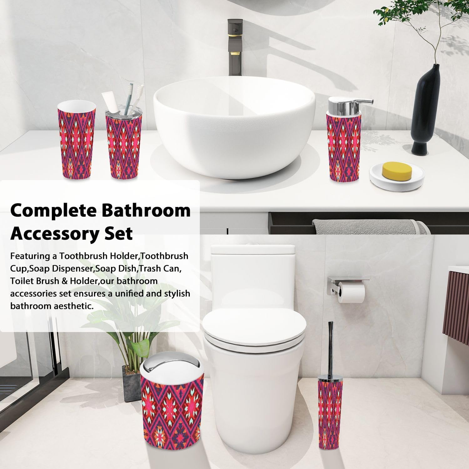 Boho Ikat Art Bathroom Accessory Set 6 Piece