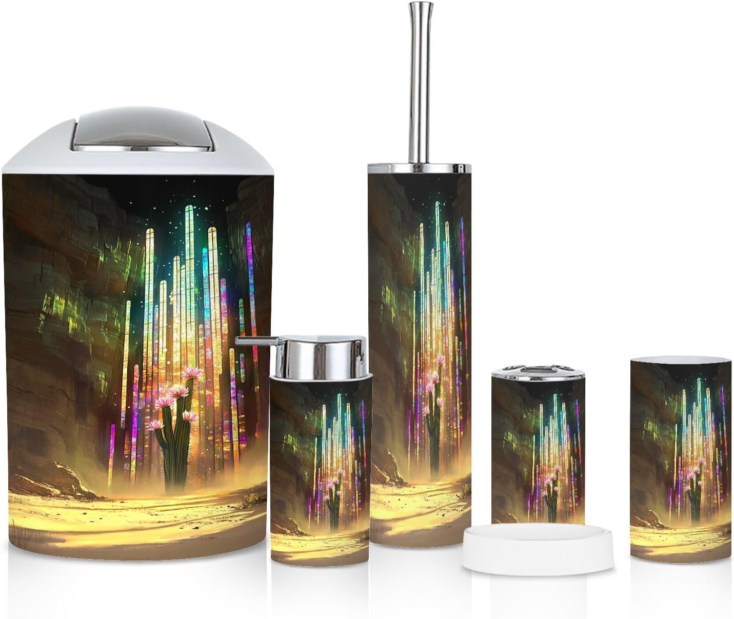 6 Piece Bathroom Accessories Set with Saguaro Cactus Stained Glass Design
