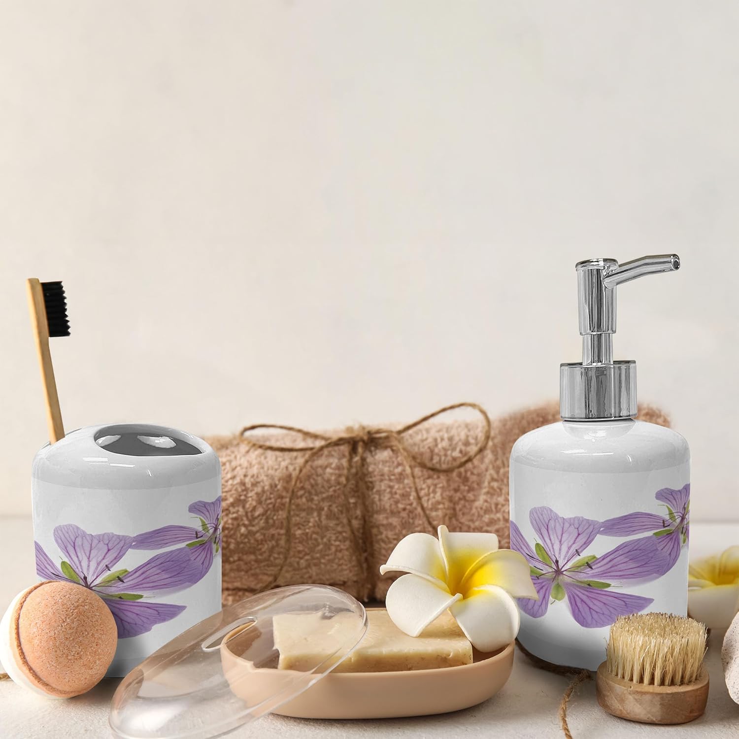 Ambesonne Geraniums Soap Dispenser Toothbrush Holder Set - 2 Pcs White Lavender