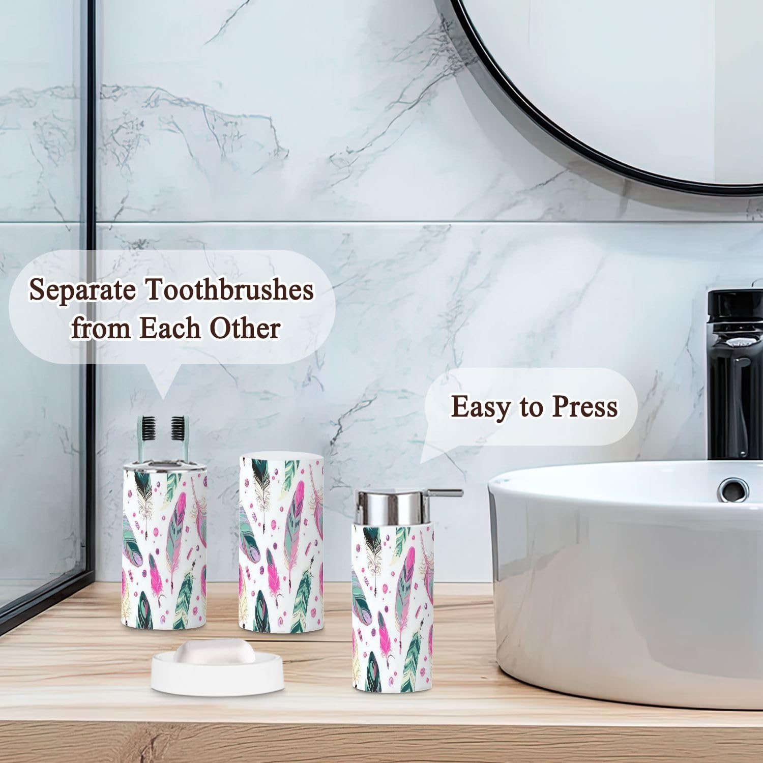 6 Piece Ethnic Bathroom Accessories Set with Feathers Design