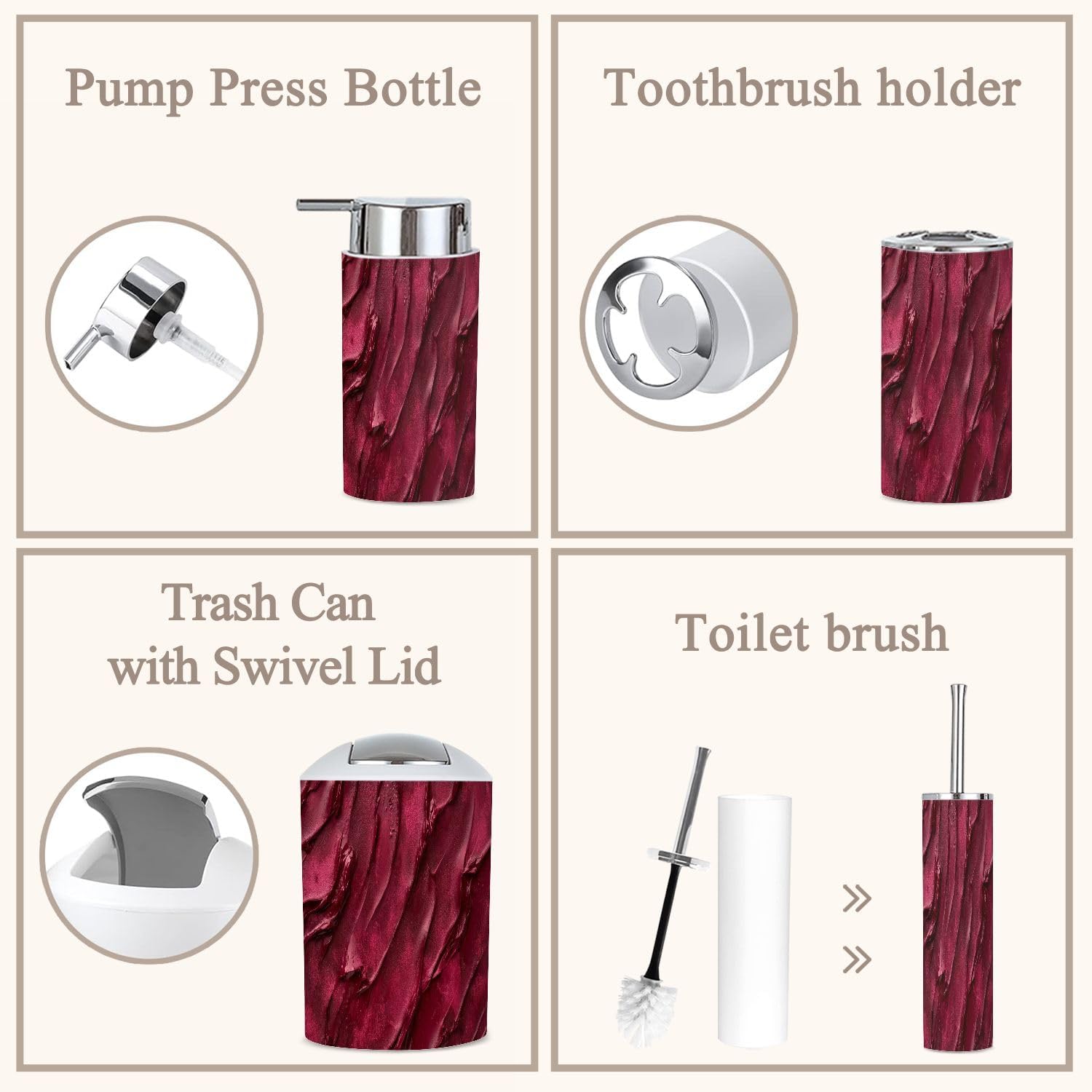6 Piece Red Burgundy Bathroom Accessories Set