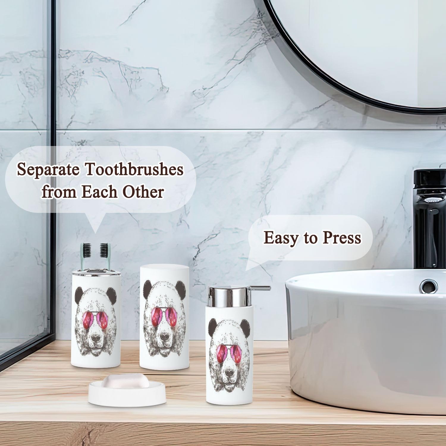 6-Piece Bathroom Accessories Set with Giant Panda Sunglasses Design