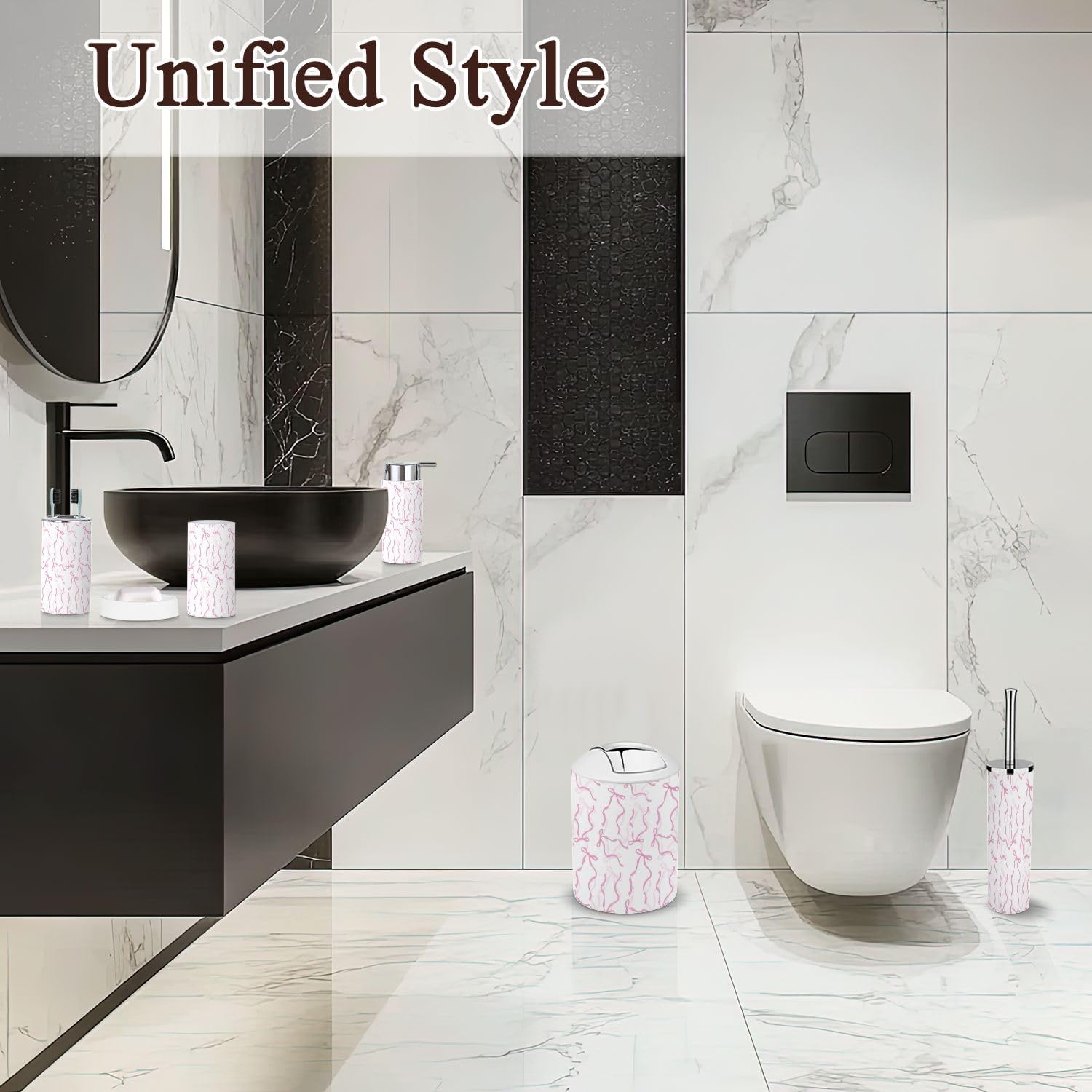 6 Piece Bathroom Accessories Set in Elegant Pink and White