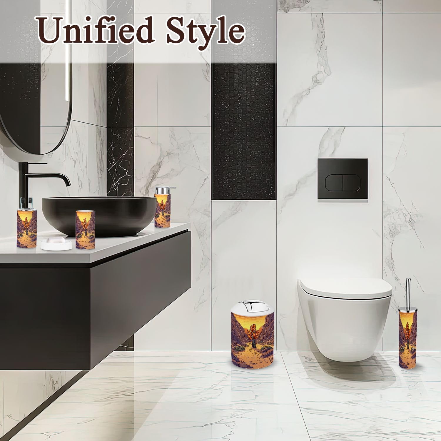 6 Piece Boho Bathroom Accessories Set with Cactus Stained Glass Design