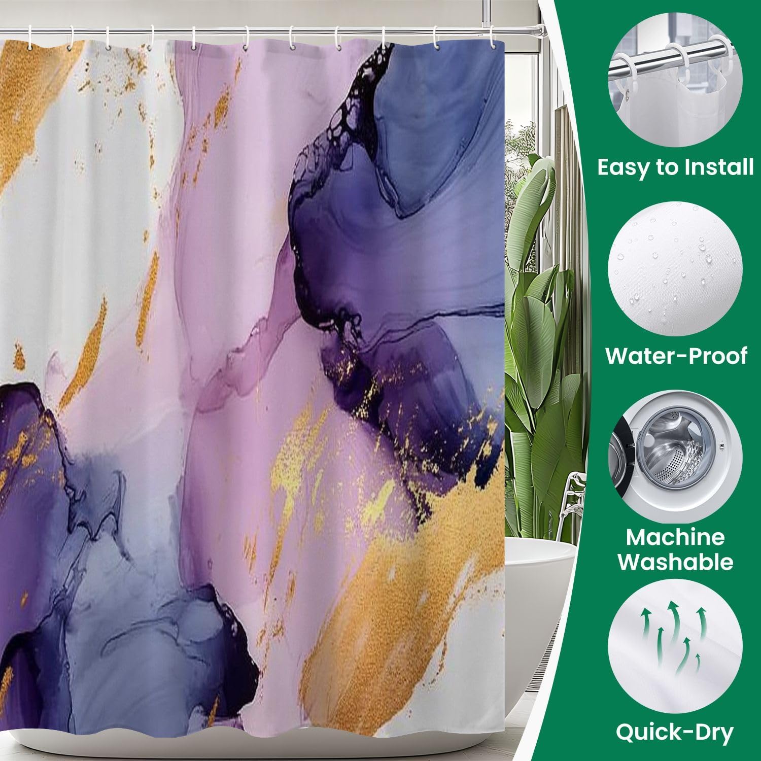 4 Piece Shower Curtain Set with Rugs and Toilet Lid Cover Mat