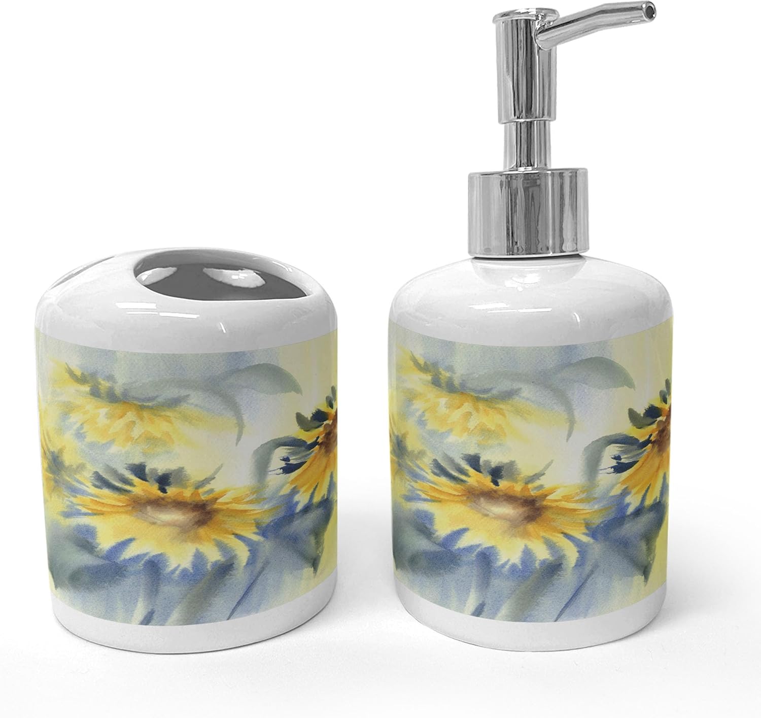 Ambesonne Floral Soap Dispenser and Toothbrush Holder Set Blue Grey Pale Yellow