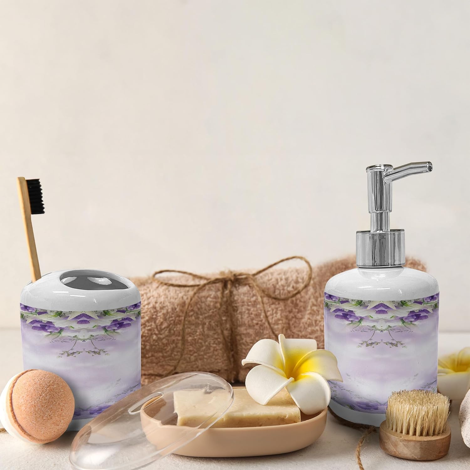 Ambesonne Floral Soap Dispenser Toothbrush Holder Set 1