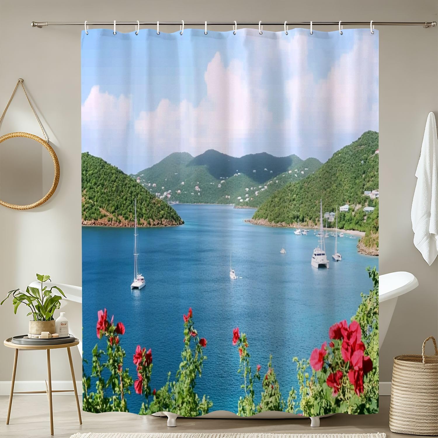 4 Piece Shower Curtain Set with Non-Slip Rugs and Mat