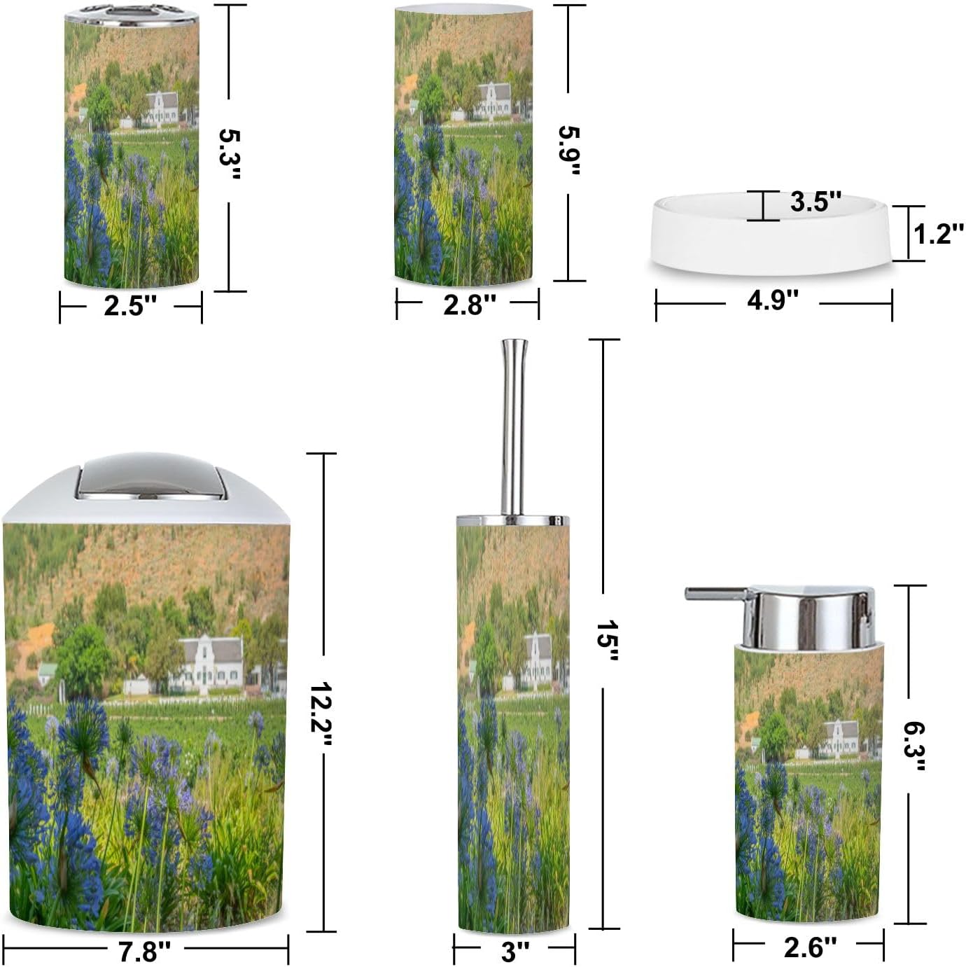 6 Piece Boho Bathroom Accessories Set with Flower Design