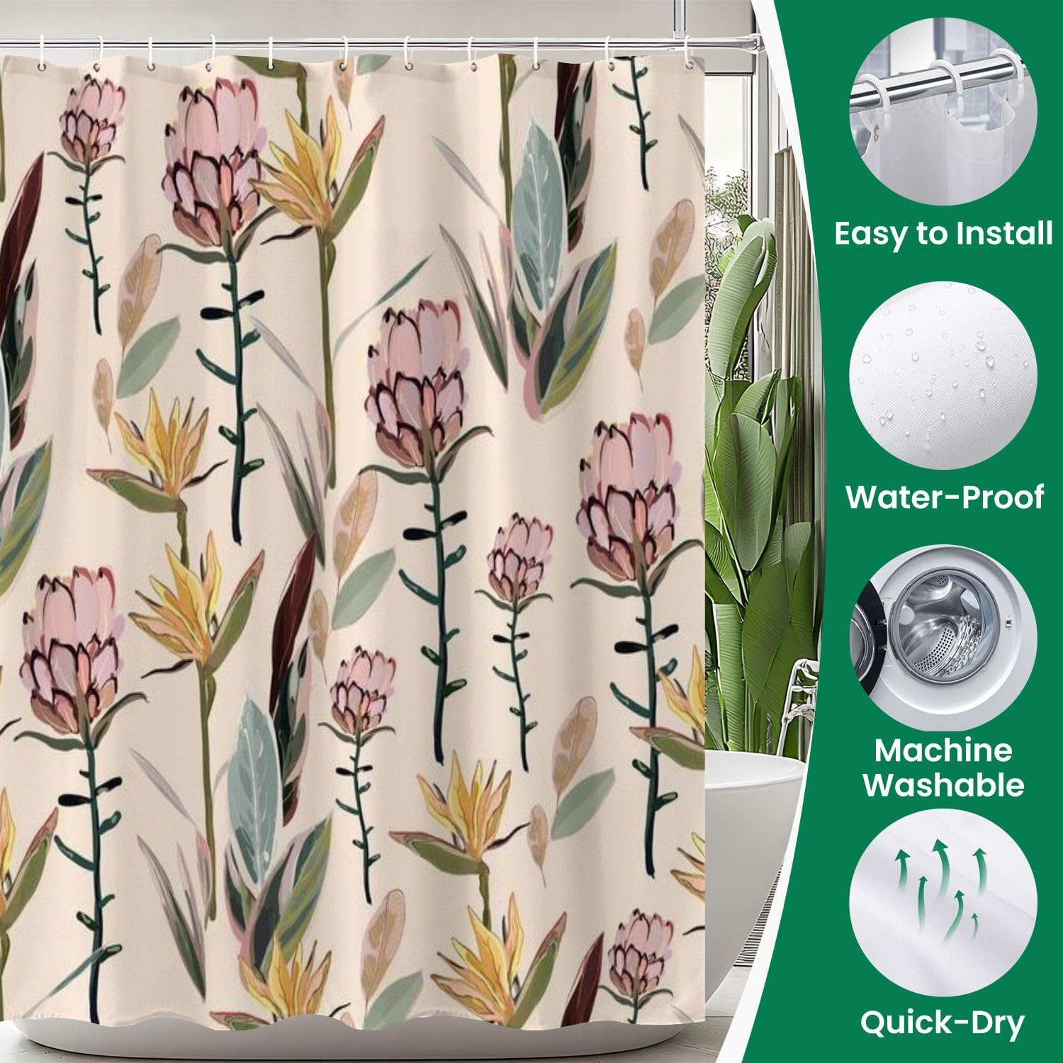 4 Piece Shower Curtain Set with Rugs Mats and Toilet Lid Cover