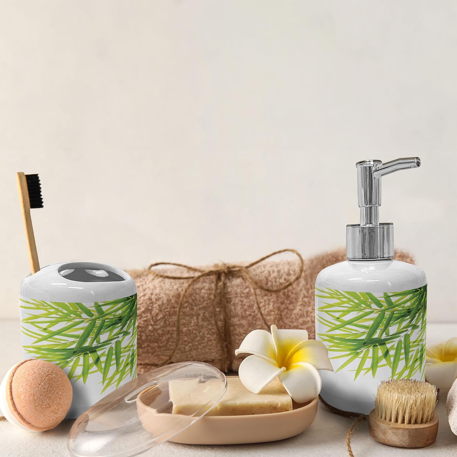 Ambesonne Asian Themed Soap Dispenser Toothbrush Holder Set
