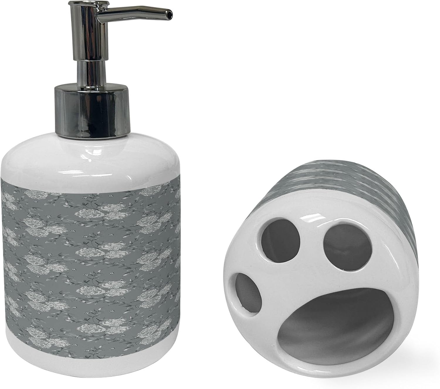 Ambesonne Ceramic Soap Toothbrush Holder Set Grey White