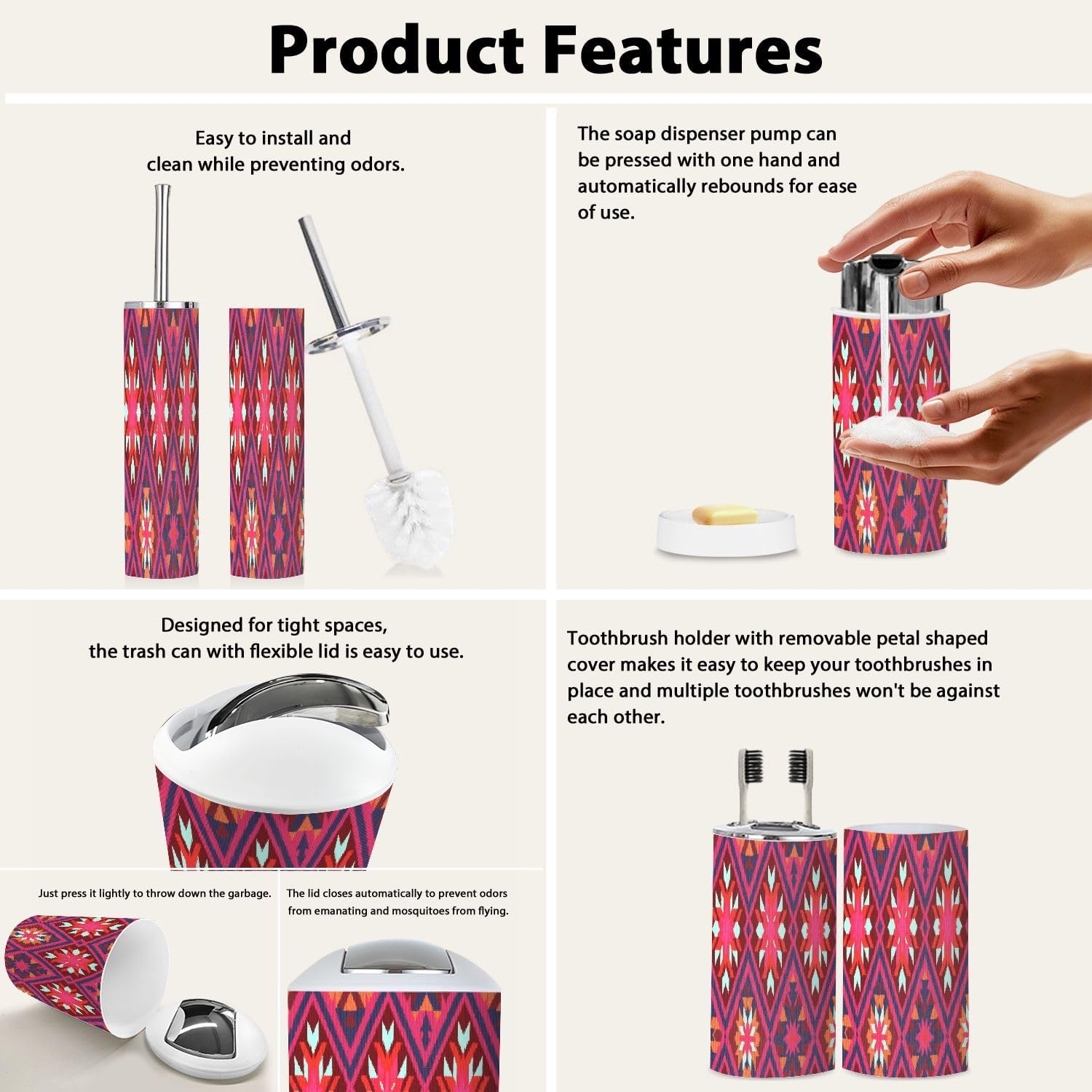 Boho Ikat Art Bathroom Accessory Set 6 Piece
