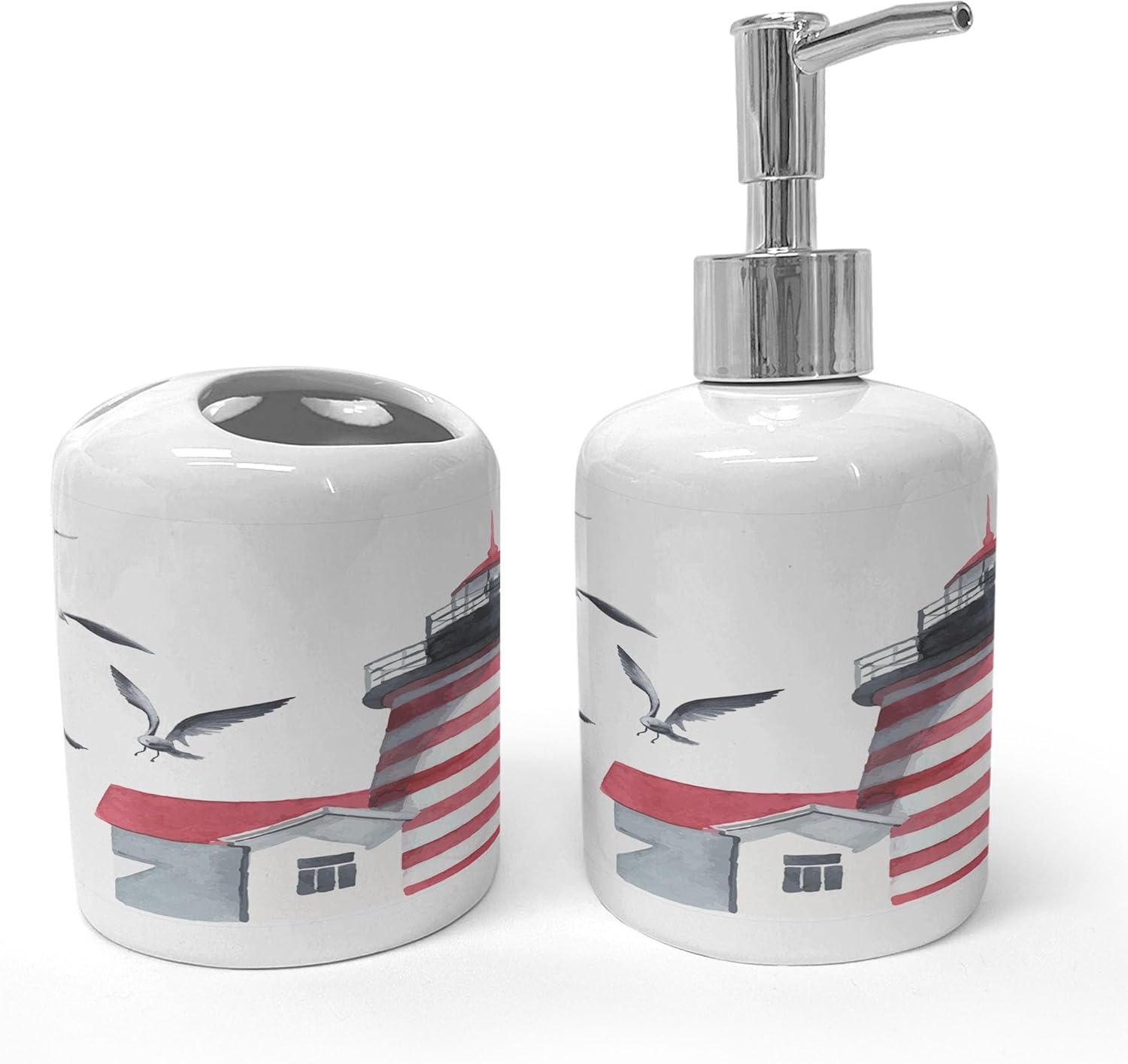 Ambesonne Lighthouse Soap Dispenser Toothbrush Holder Set 2 Pcs Red Grey White