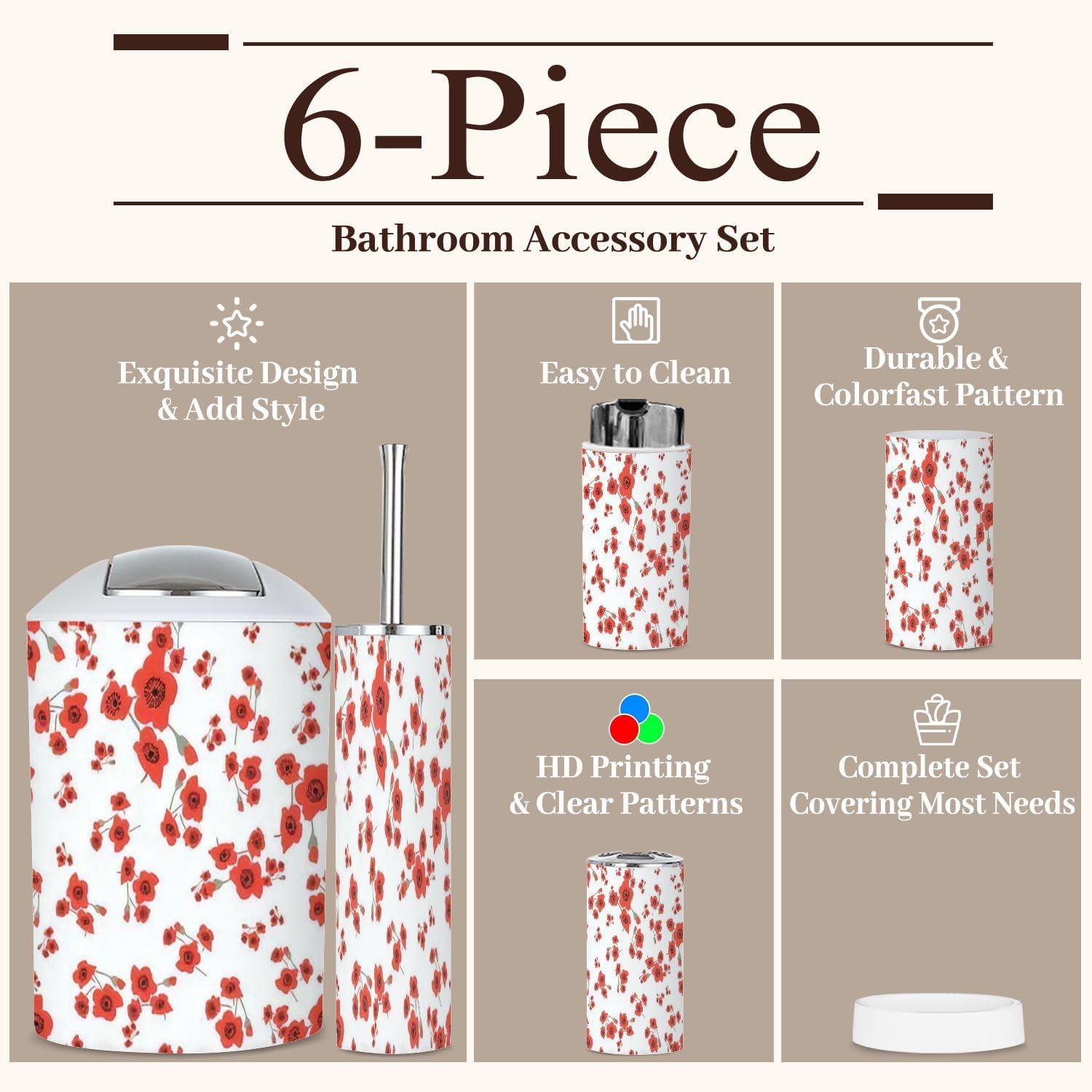 6 Piece Bathroom Accessories Set with Red Toss