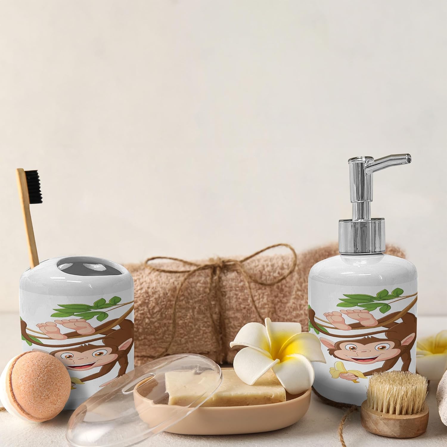 Ambesonne Cartoon Soap Dispenser and Toothbrush Holder Set 1
