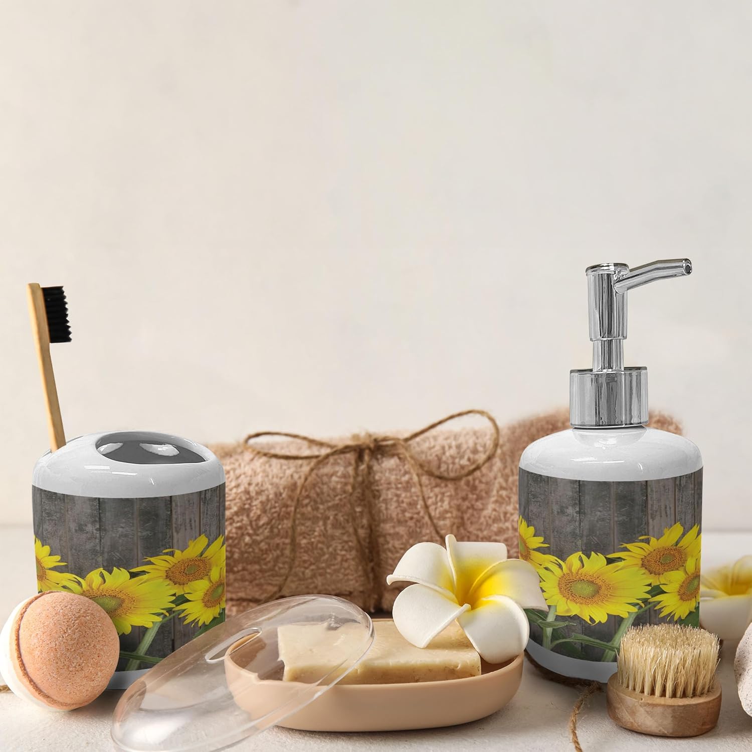Ambesonne Ceramic Soap Dispenser Toothbrush Holder Set