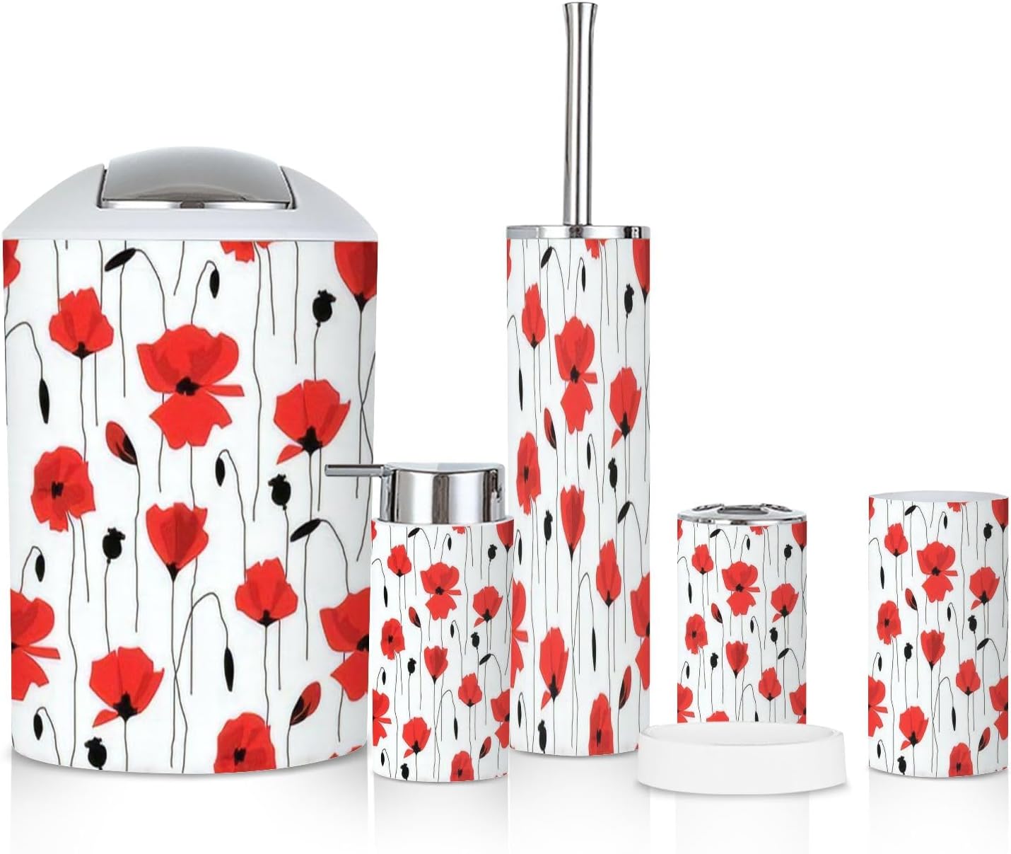 6 Piece Red Flower Bathroom Accessories Set