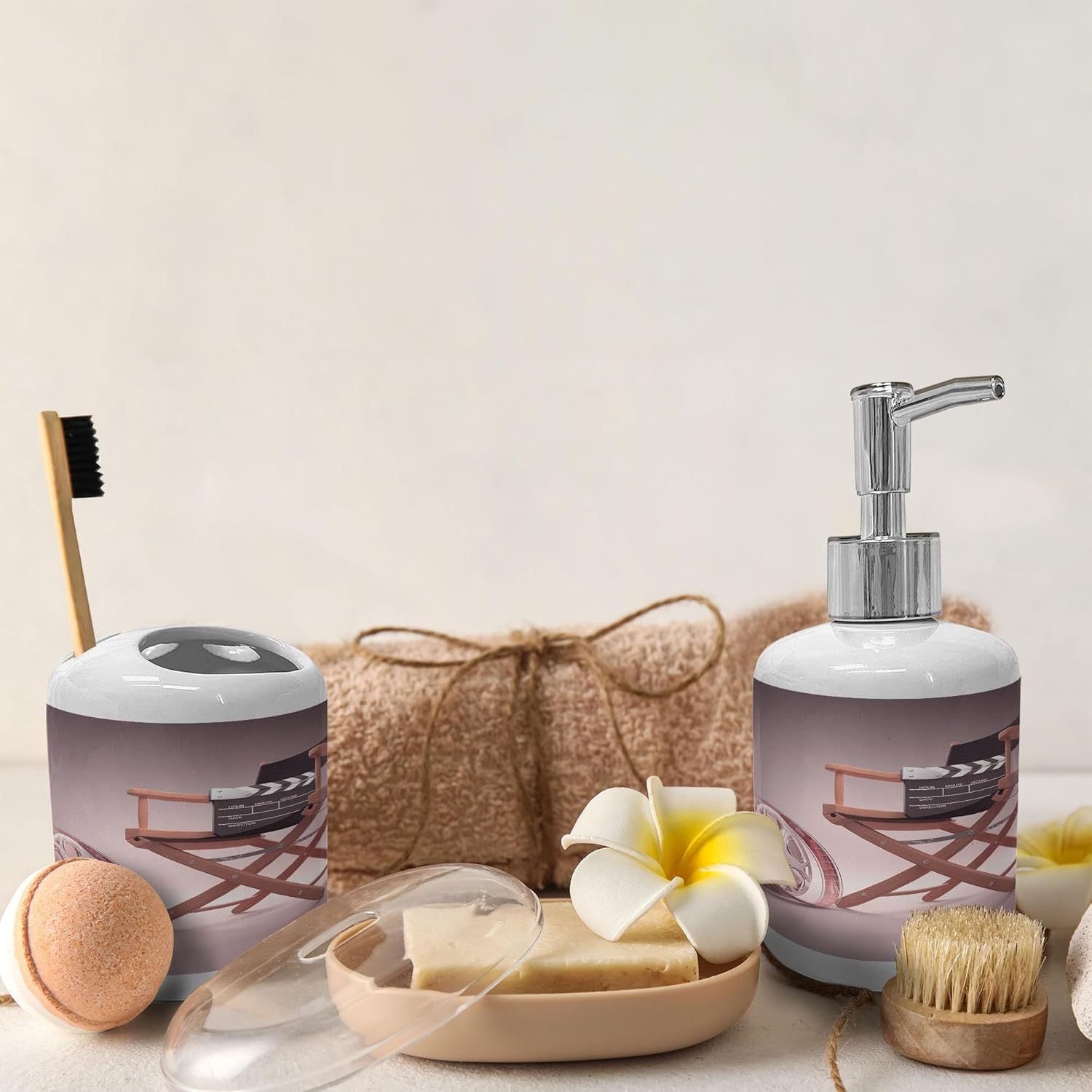 Ambesonne Dark Mauve Ceramic Soap Dispenser Toothbrush Holder Set