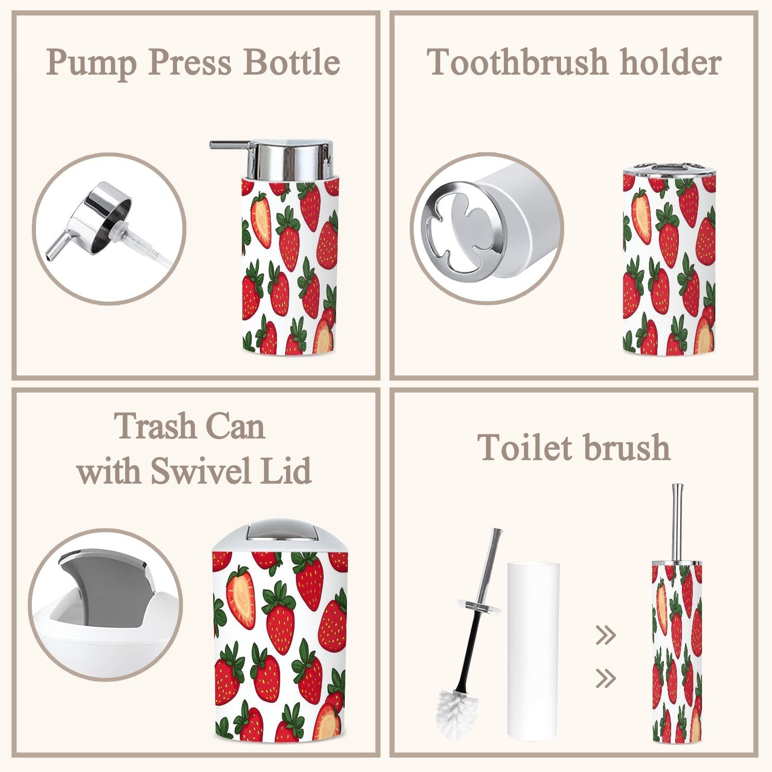 6-Piece Bathroom Accessories Set with Fresh Strawberry Pattern
