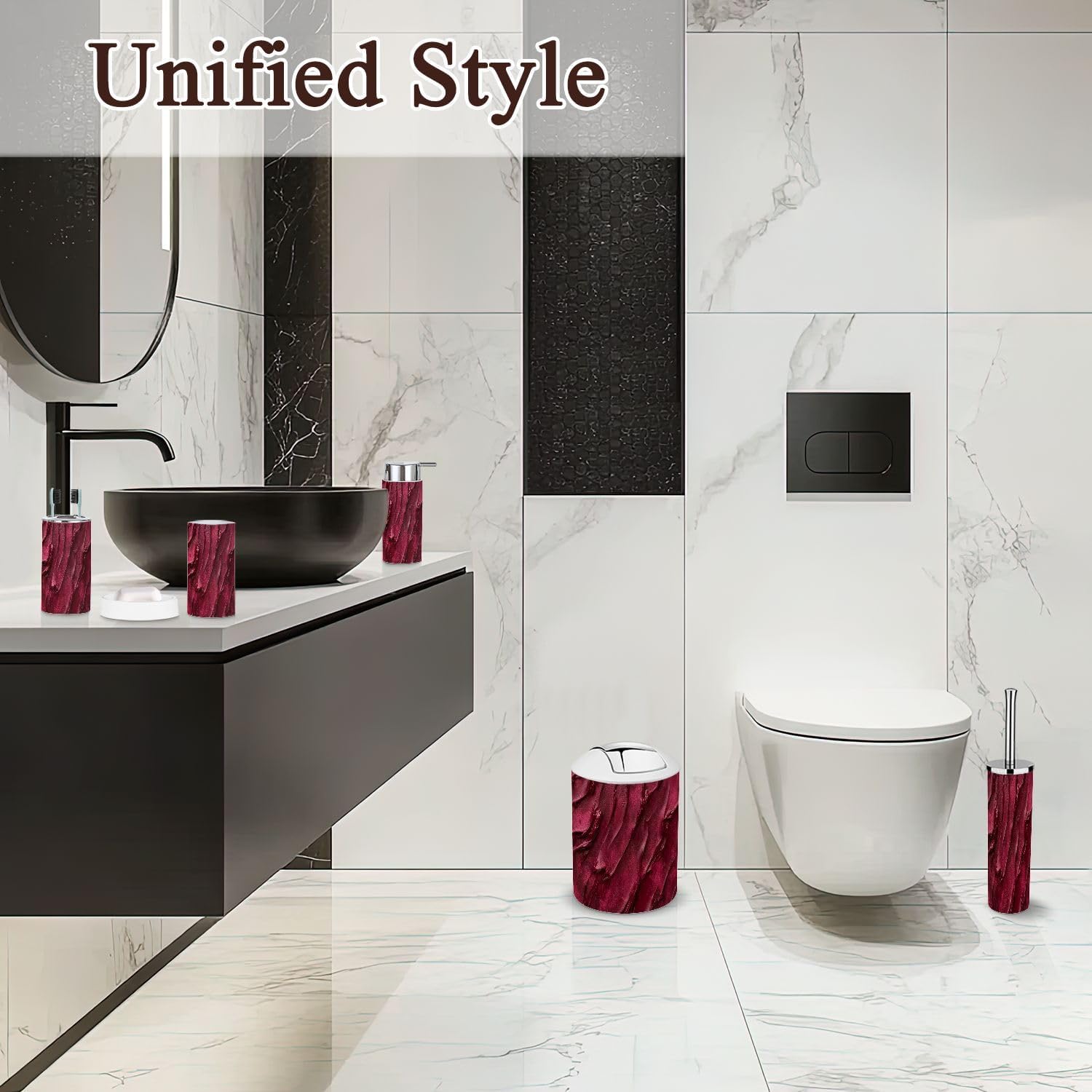 6 Piece Red Burgundy Bathroom Accessories Set