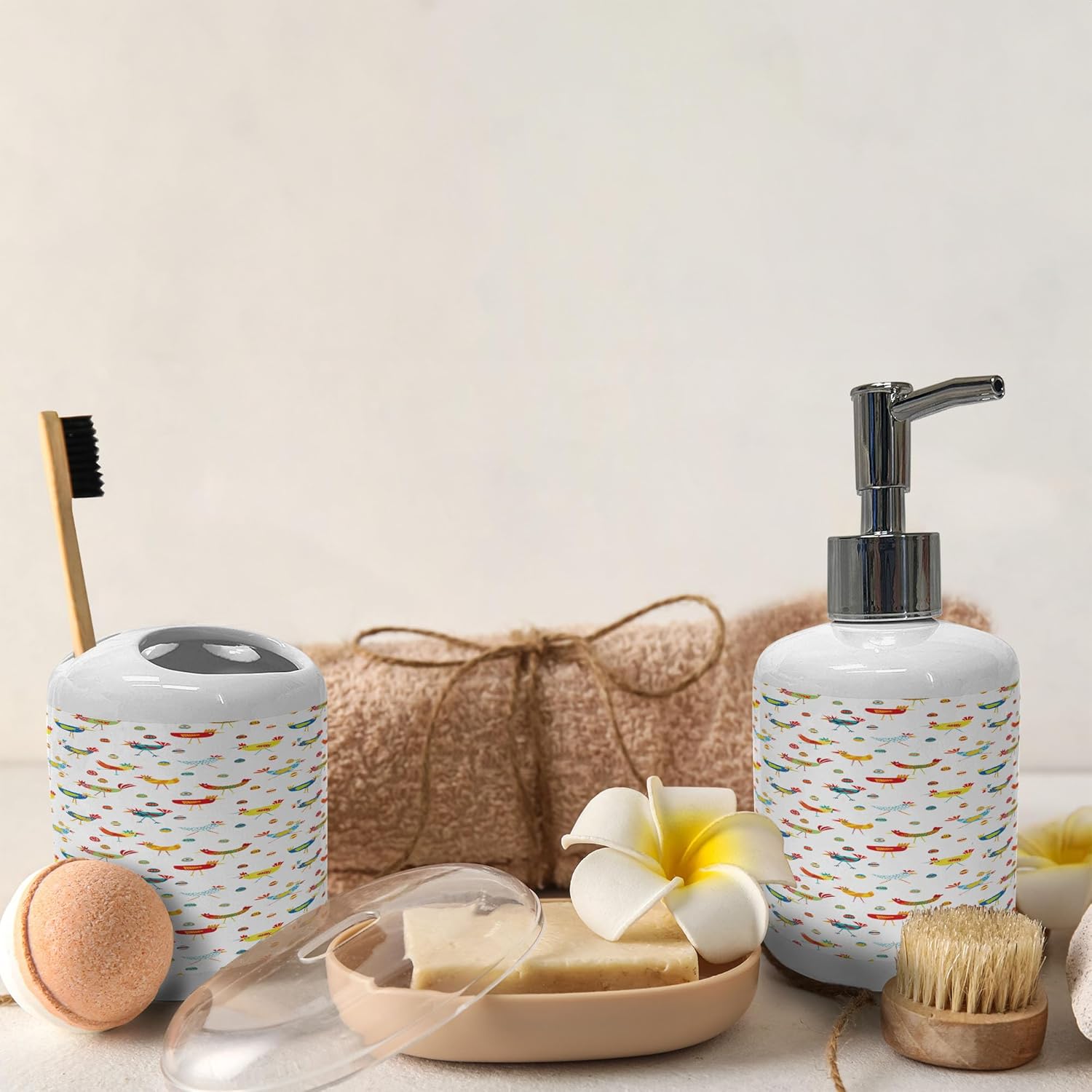 Ambesonne Vibrant Soap Toothbrush Holder Set 2 Pcs Ceramic Modern Doodle Design