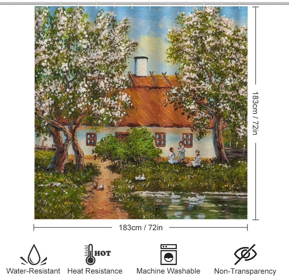Kuizee 4-Piece Rural Landscape Shower Curtain Set