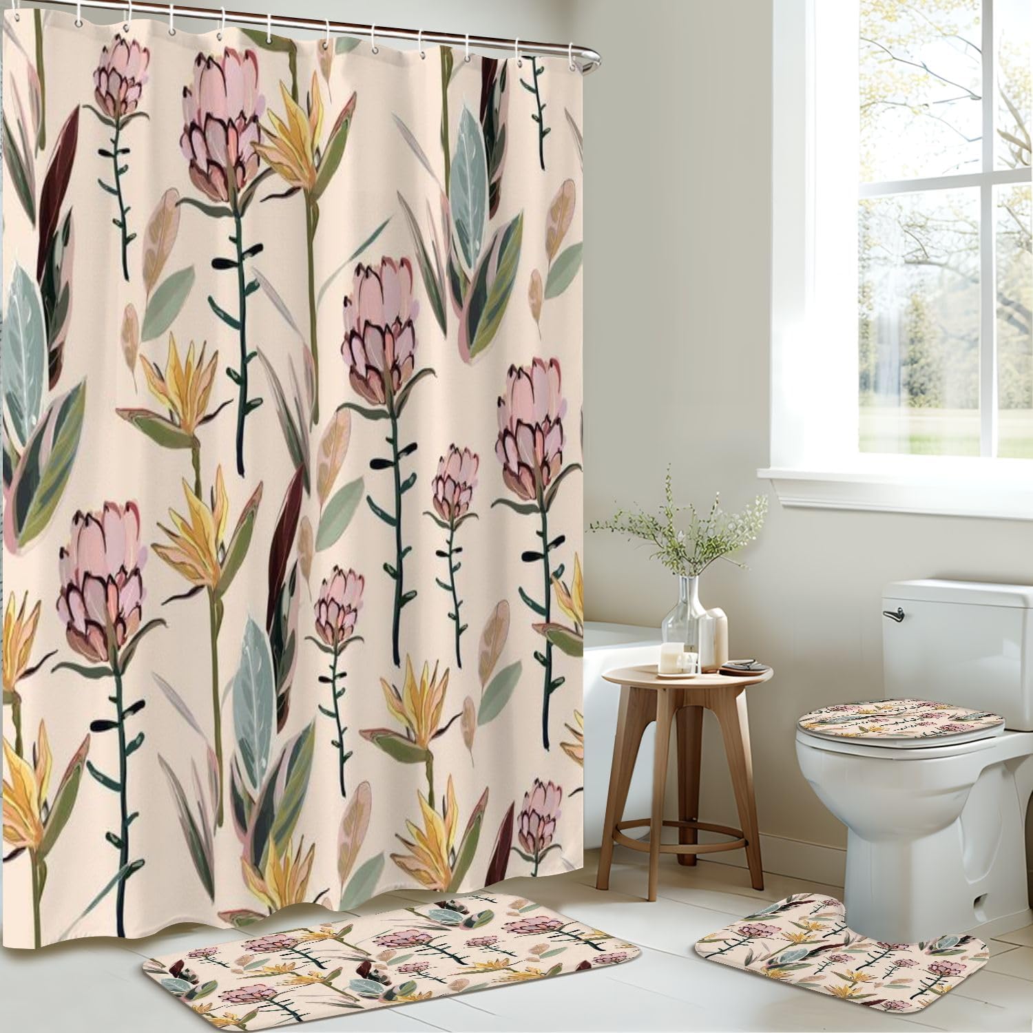 4 Piece Shower Curtain Set with Rugs Mats and Toilet Lid Cover