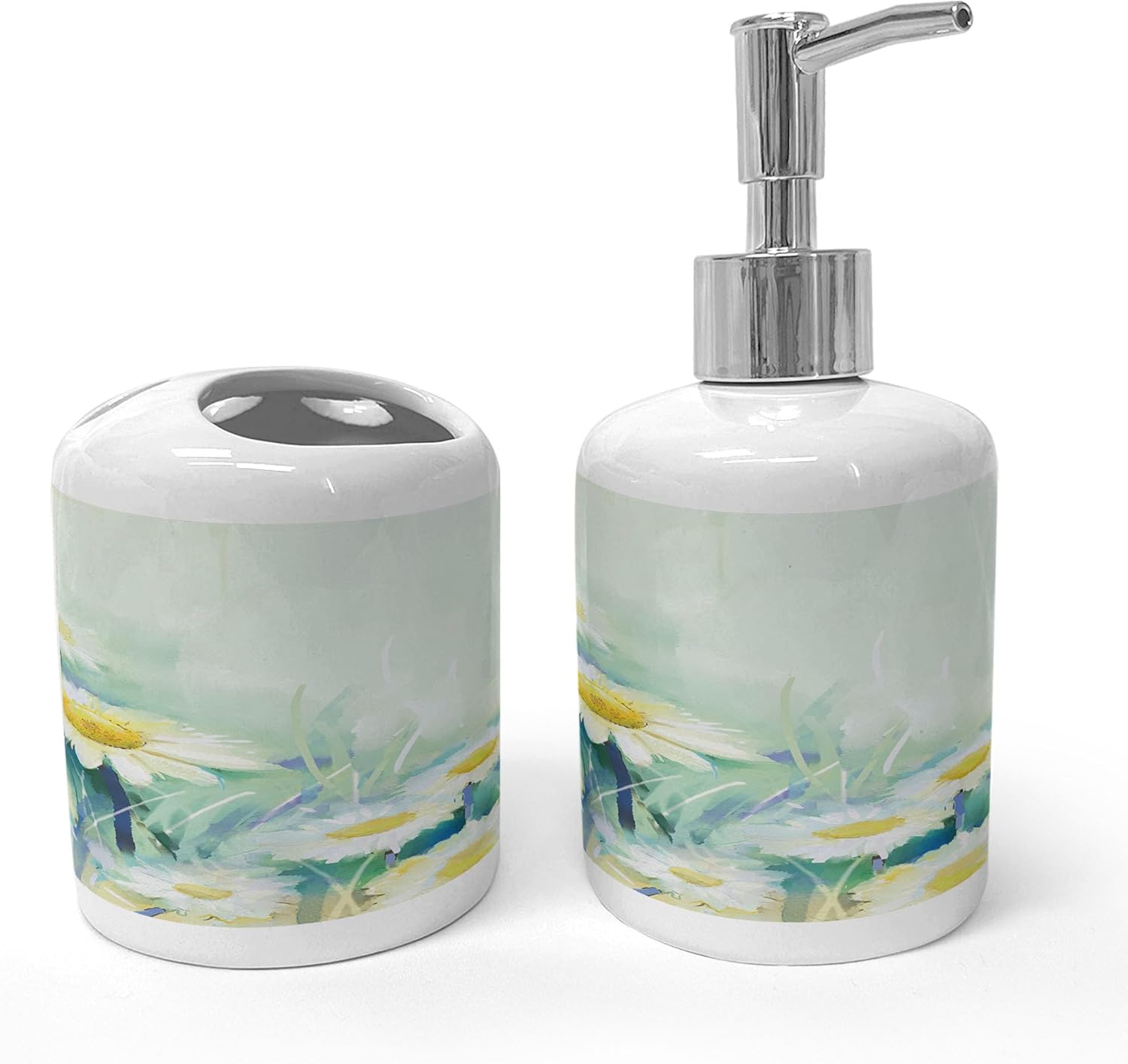Ambesonne Flower Soap Toothbrush Holder Set Ceramic Pale Blue White