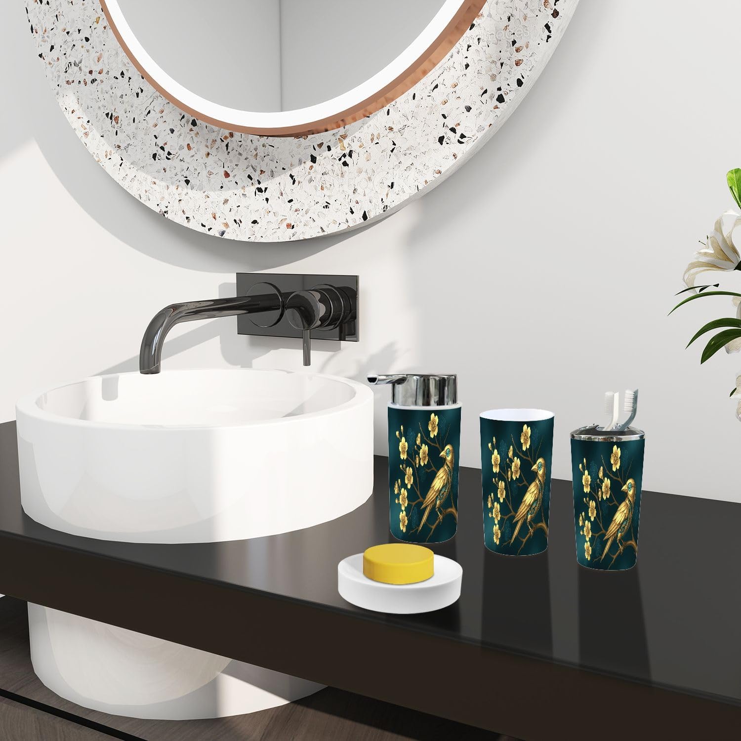 Boho Golden Bird Bathroom Accessory Set 6 Piece