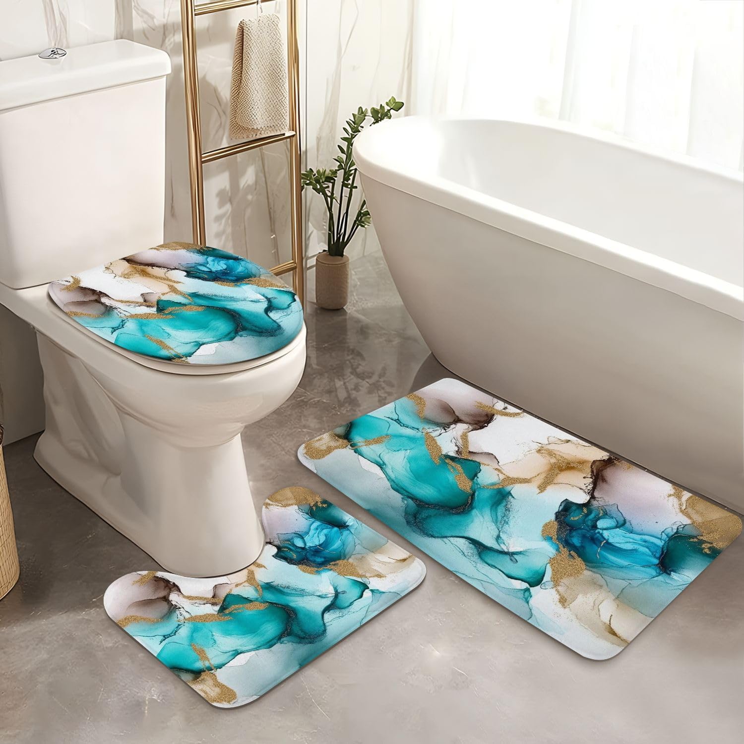 4 Piece Shower Curtain Set with Rugs Mats and Cover
