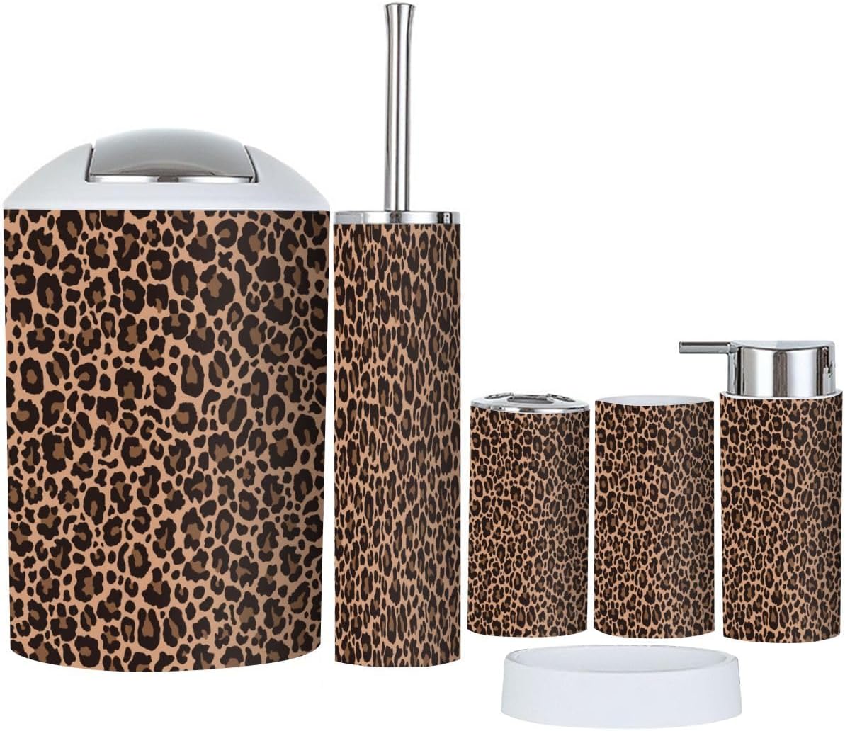Boho Leopard Print Bathroom Accessory Set 6 Piece