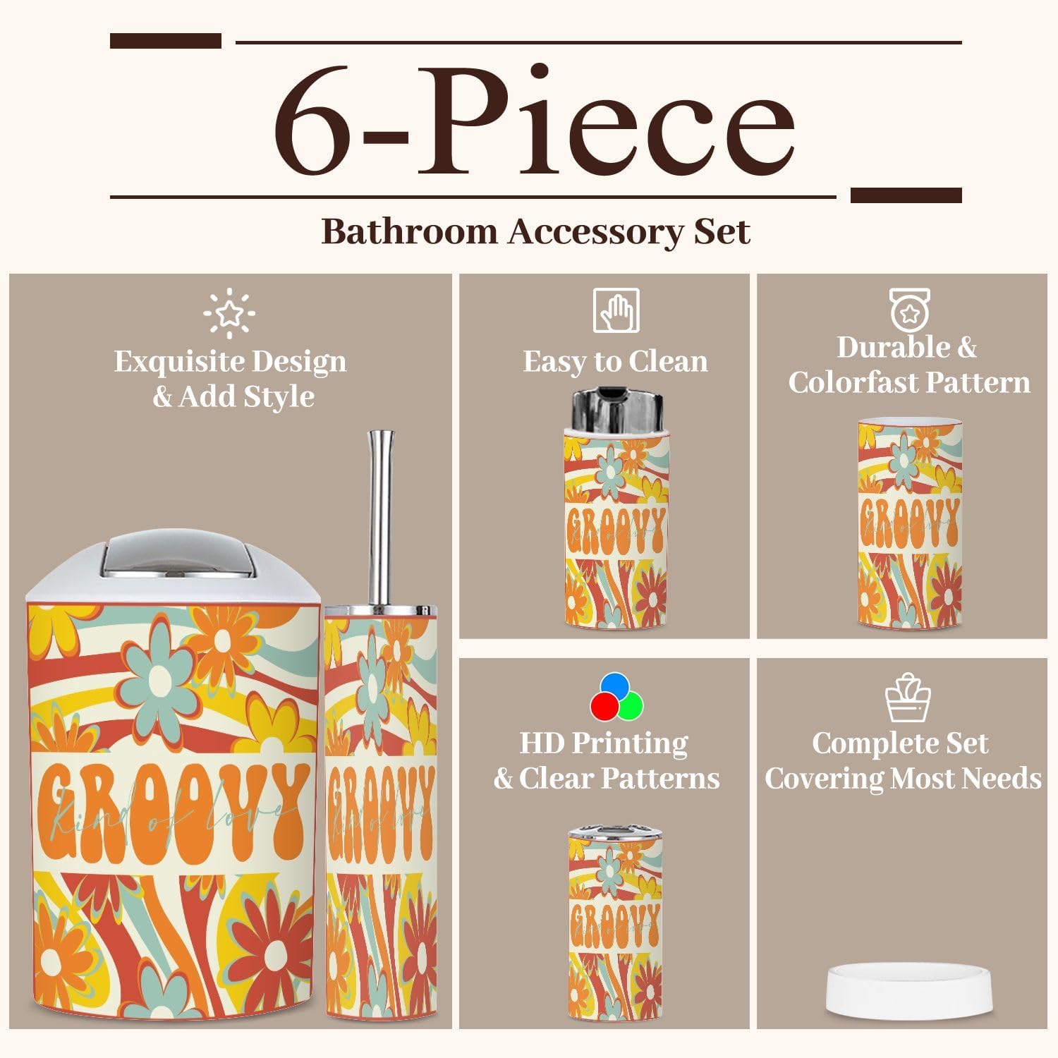 6 Piece Retro Rainbow Bathroom Accessories Set