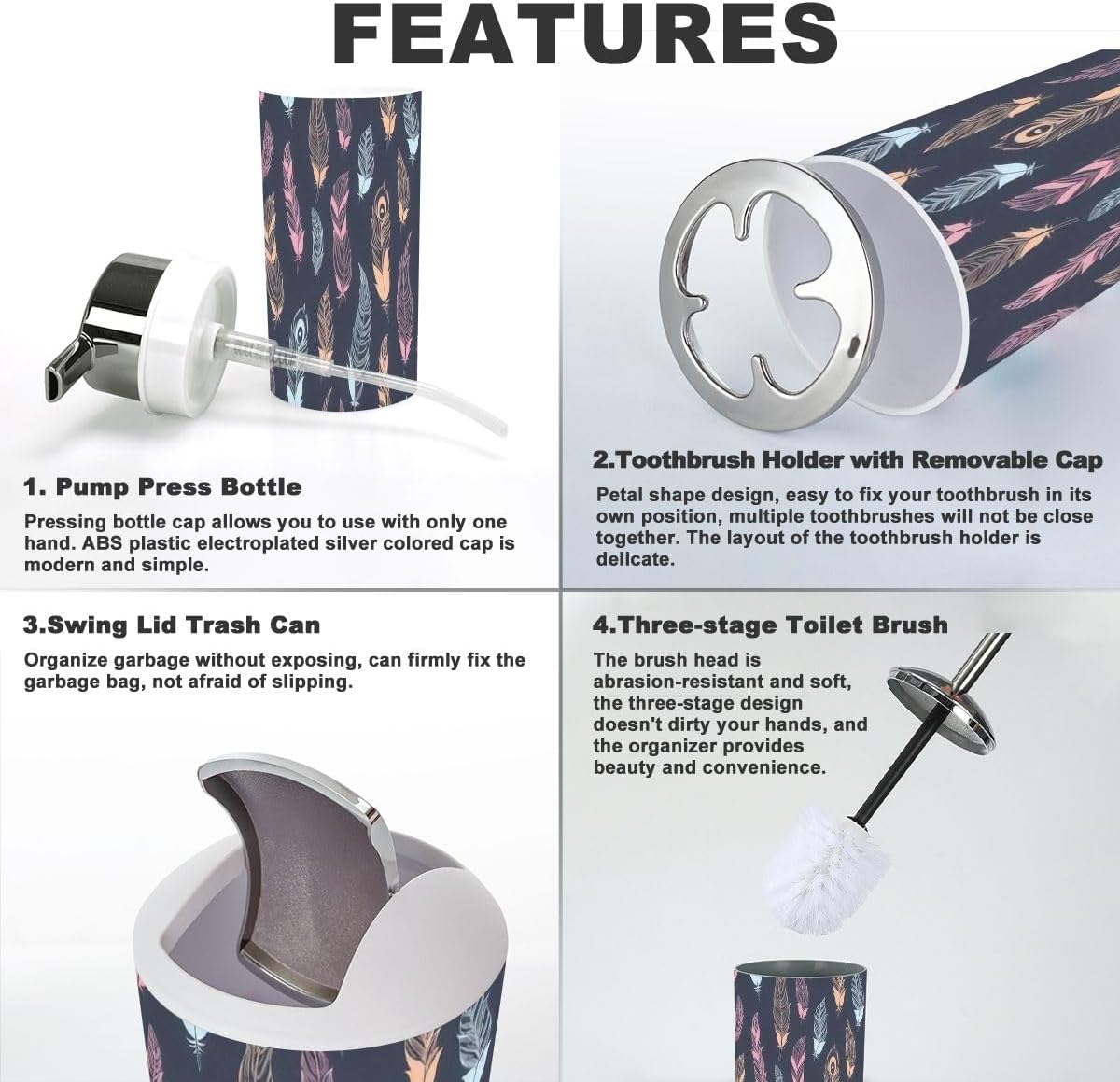 6 Pcs Ethnic Feathers Bathroom Accessories Set