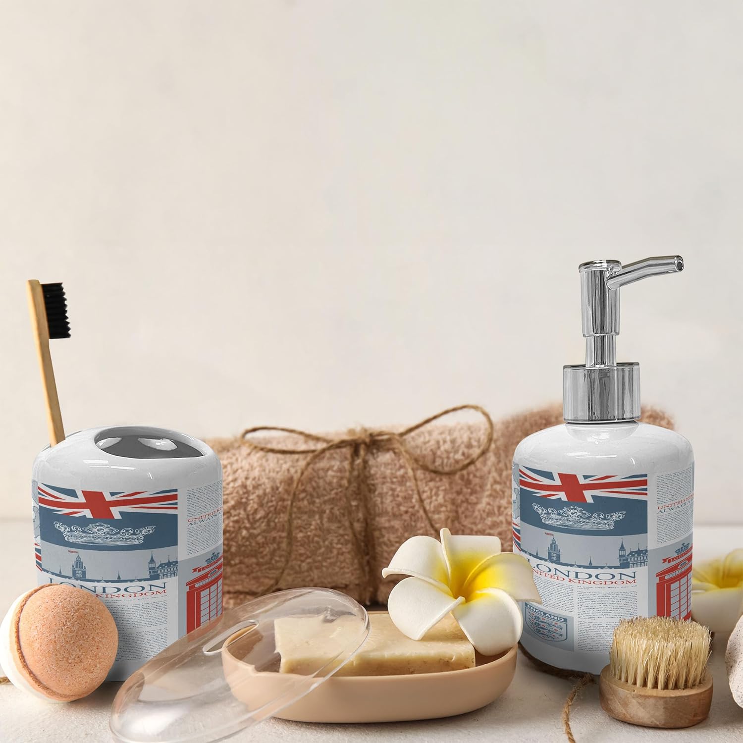 Ambesonne Phone Booth Soap Dispenser Toothbrush Holder Set London Themed Ceramic
