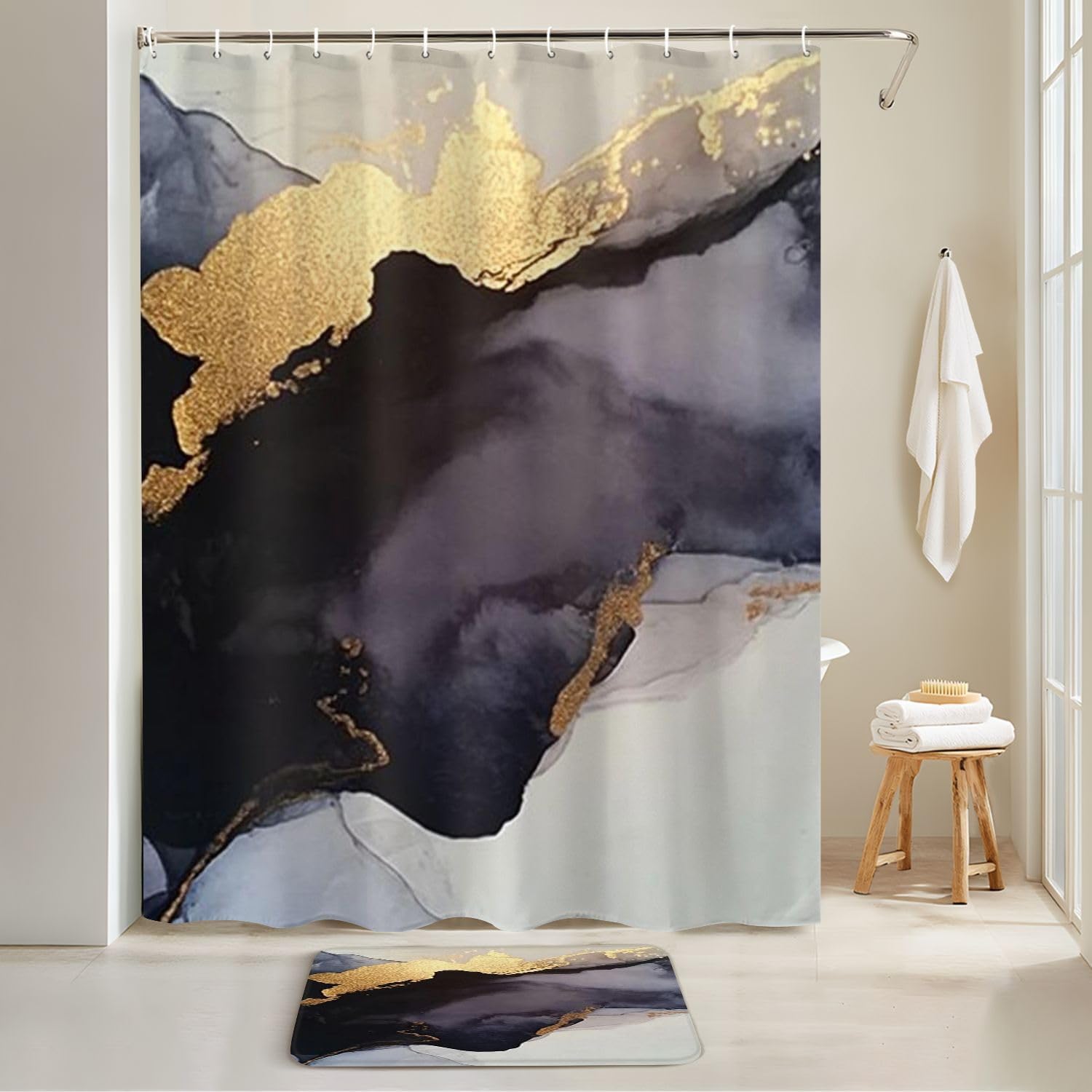 4-Piece Shower Curtain Set with Non-Slip Mats and Rugs