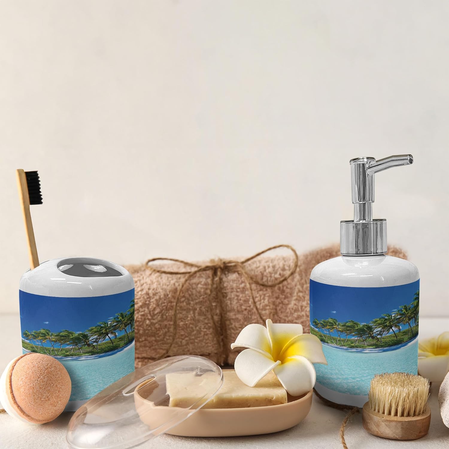 Ambesonne Ocean Soap Dispenser Toothbrush Holder Set