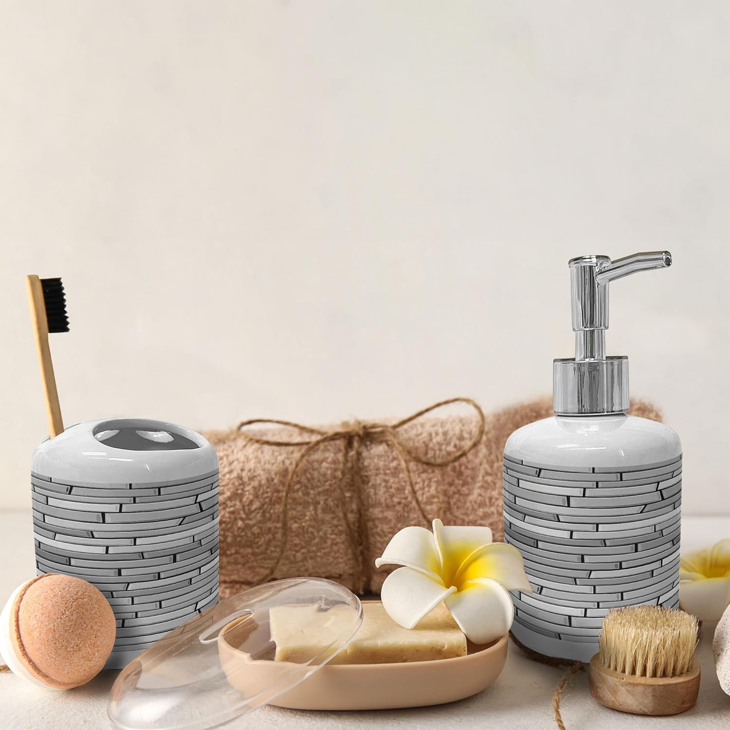 Ambesonne Grey Ceramic Soap Toothbrush Holder Set 1