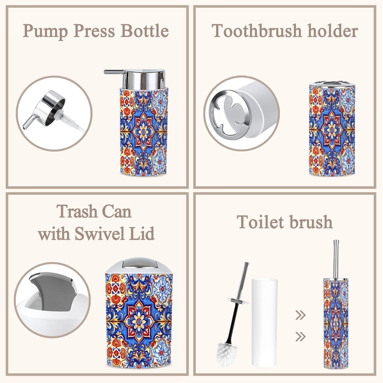 6-Piece Boho Bathroom Accessories Set with Talavera Ceramic Design