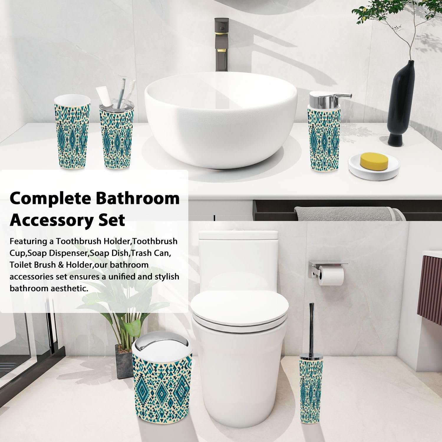 Boho Aztec Bathroom Accessory Set of 6 1