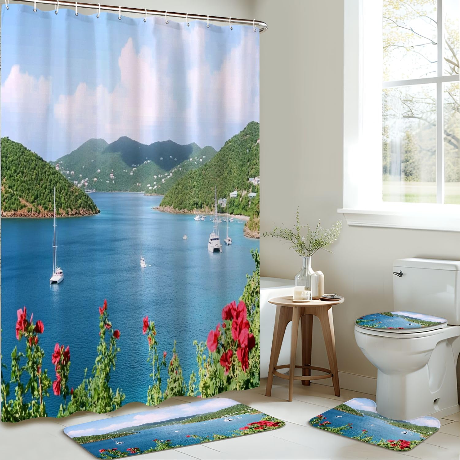 4 Piece Shower Curtain Set with Non-Slip Rugs and Mat