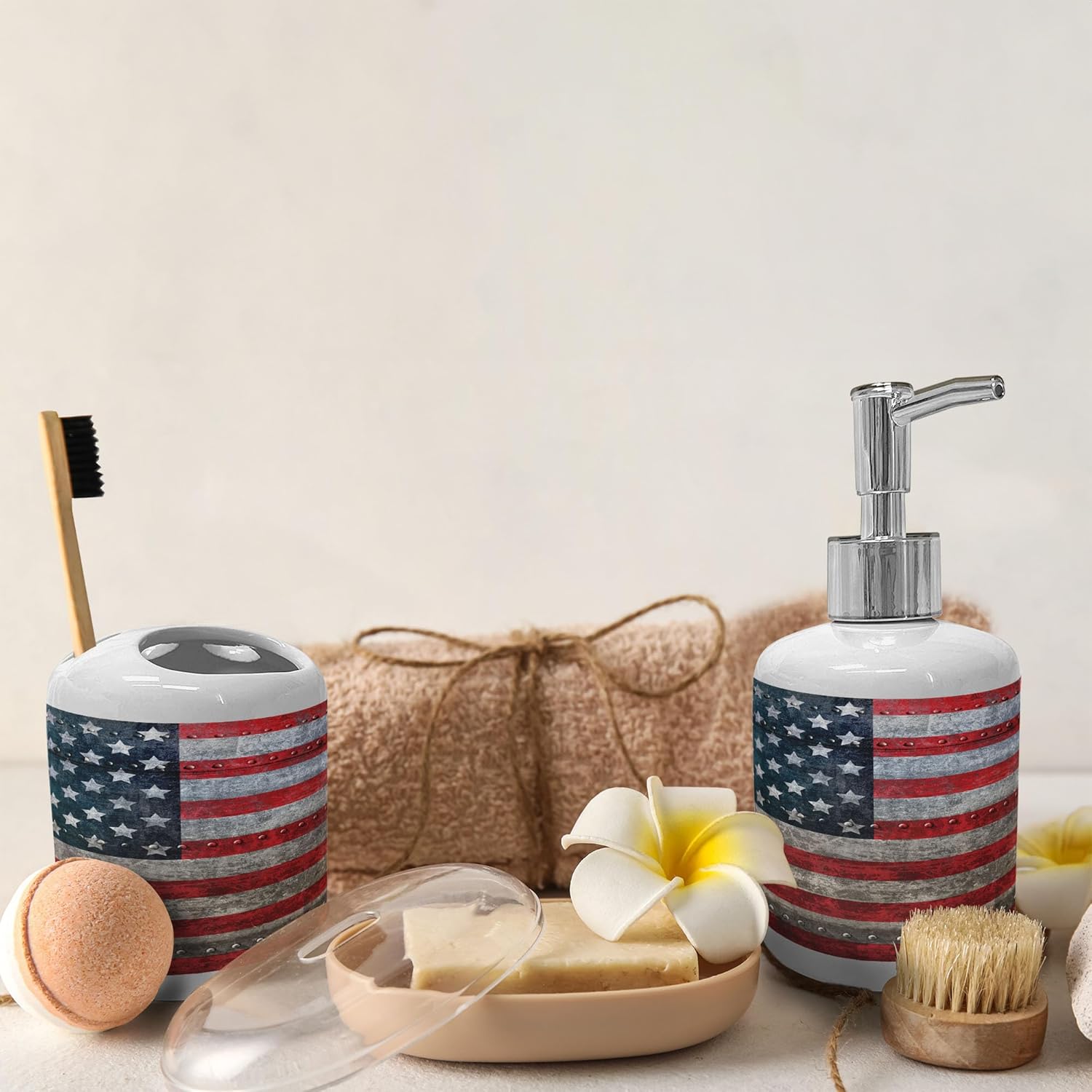 Ambesonne 2 Pc American Flag Soap Toothbrush Holder Set