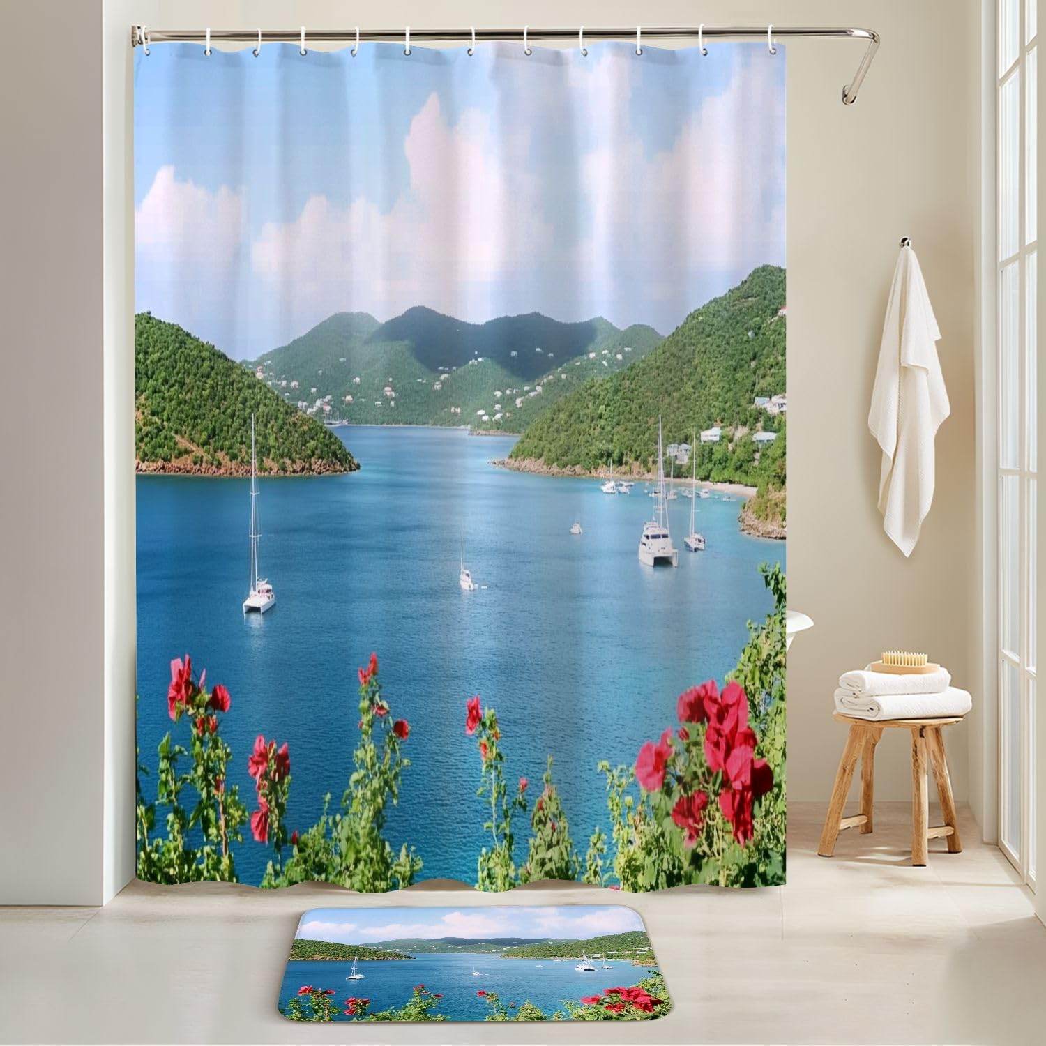 4 Piece Shower Curtain Set with Non-Slip Rugs and Mat