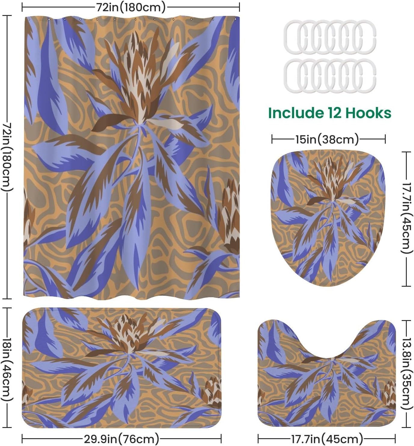 4-Piece Shower Curtain Set with Rugs and Mat