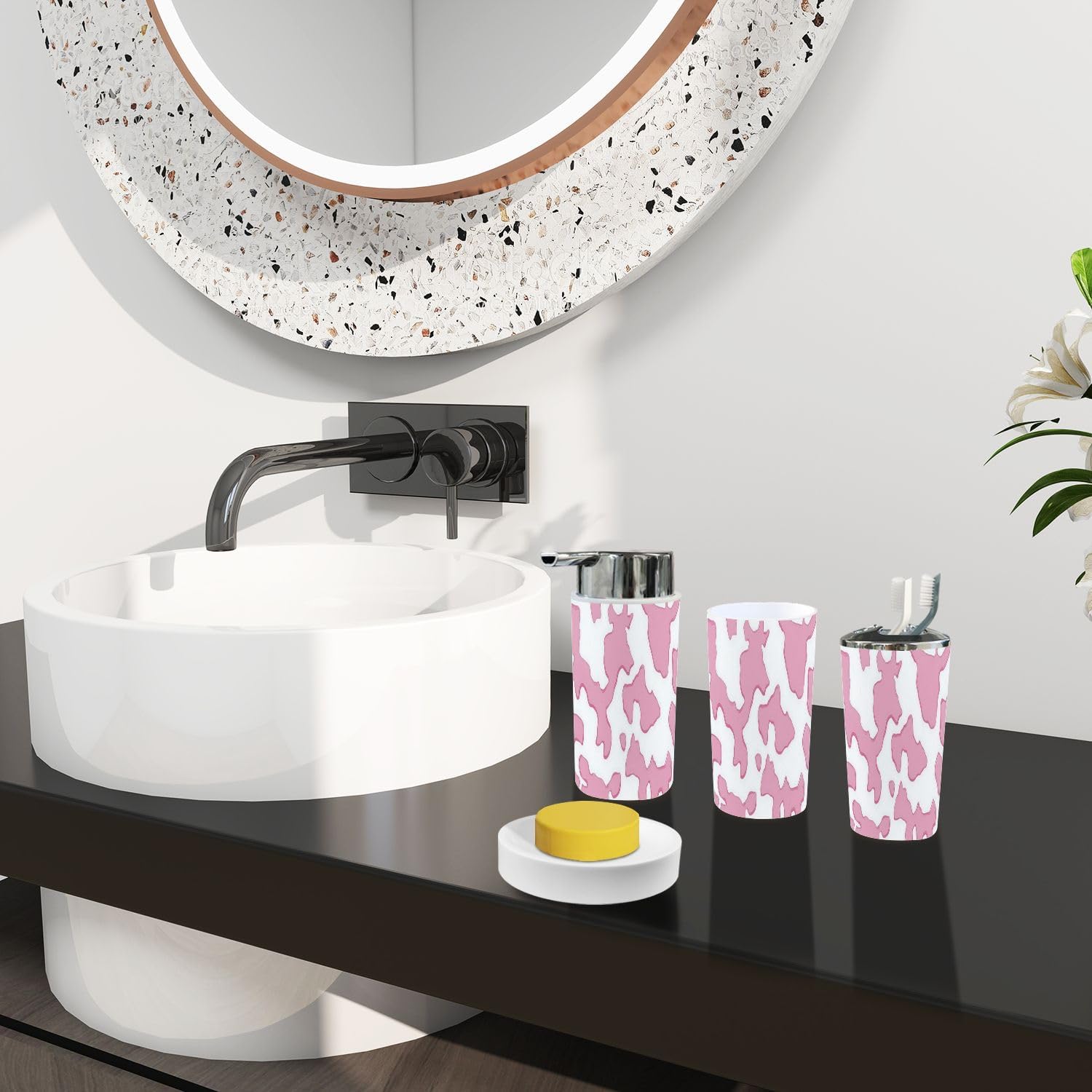 Boho Pink Cow Bathroom Accessory Set 6 Piece 1