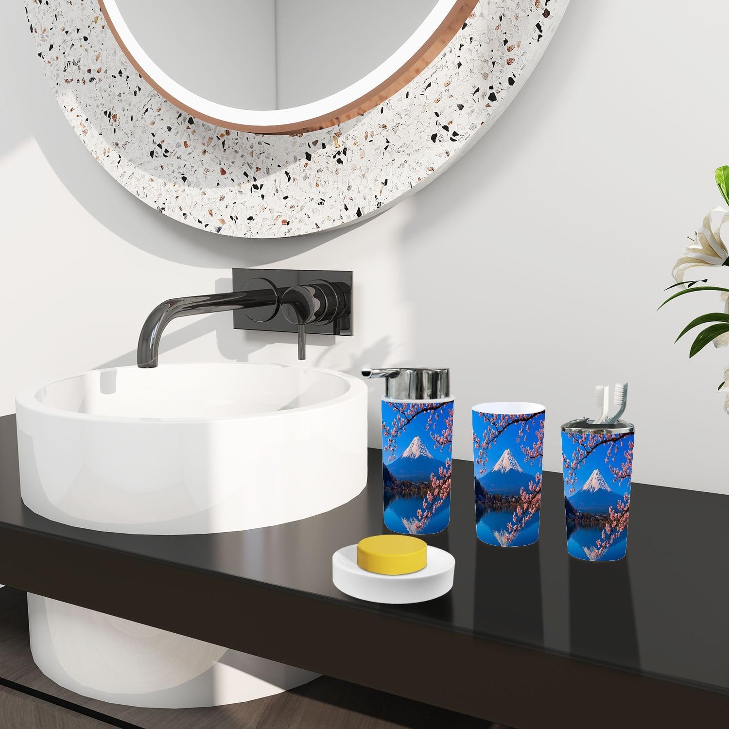 TRANQDEHOM Bathroom Accessory Set 6 Piece Boho Cherry Blossoms