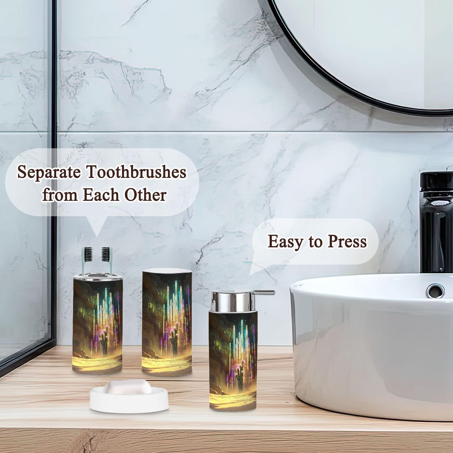 6 Piece Bathroom Accessories Set with Saguaro Cactus Stained Glass Design
