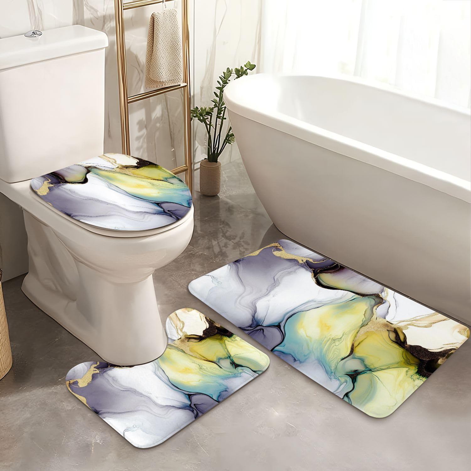 4 Piece Shower Curtain Set with Rugs Mats and HD Pattern